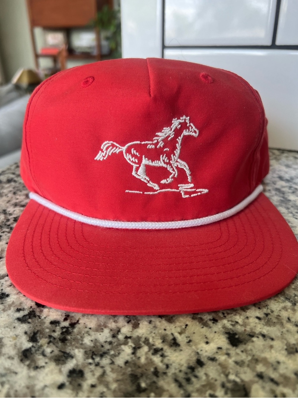Red Women’s Cap with White Mustang Embroidery